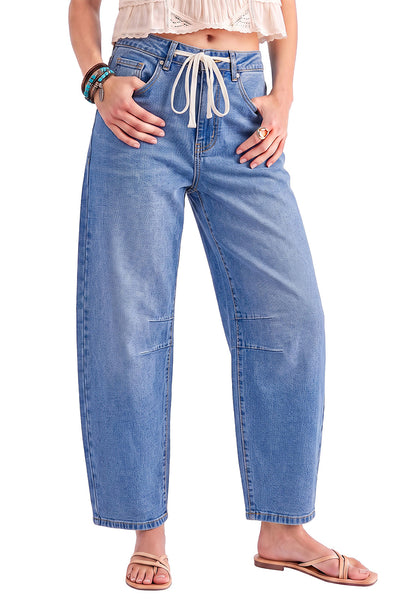 Medium Blue Barrel Jeans for Women High Waisted Baggy Drawstring Wide Leg Denim Pants Stretchy Ankle Length 27.5 Inseam Casual Trendy