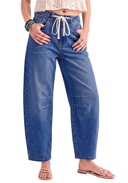 Classic Blue Barrel Jeans for Women High Waisted Baggy Drawstring Wide Leg Denim Pants Stretchy Ankle Length 27.5 Inseam Casual Trendy