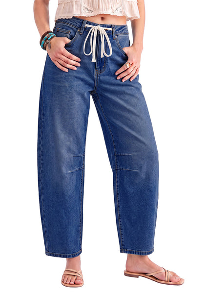 Darkness Blue Barrel Jeans for Women High Waisted Baggy Drawstring Wide Leg Denim Pants Stretchy Ankle Length 27.5 Inseam Casual Trendy