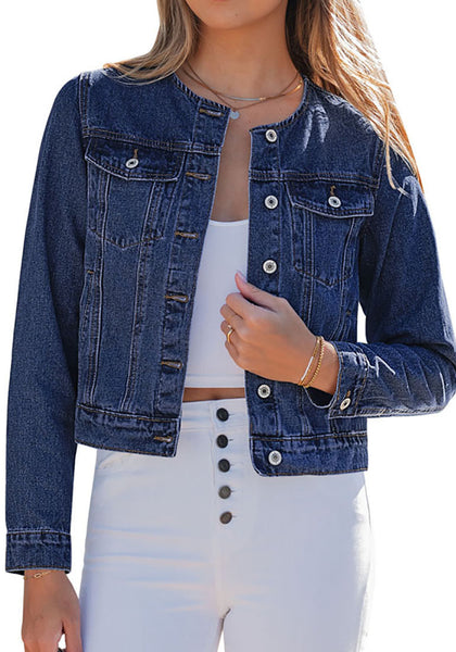 LookbookStore Women Nightfall Blue Denim Jacket Crew Neck Button Front Utility Pockets Relaxed Fit Casual Daily Wear Staple
