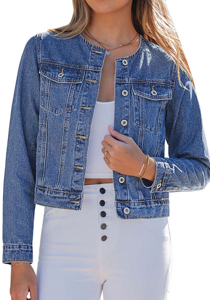 LookbookStore Women Medium Blue Denim Jacket Crew Neck Button Front Utility Pockets Relaxed Fit Casual Daily Wear Staple