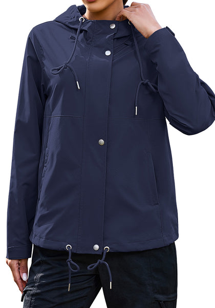LookbookStore Women Navy Blue Waterproof Lightweight Rain Jacket Hooded Windbreaker Drawstring Zip Rain Coat for Hiking Outdoor Travel