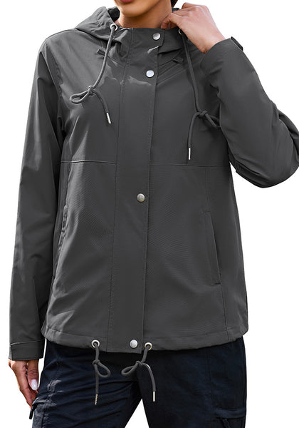 LookbookStore Women Dark Gray Waterproof Lightweight Rain Jacket Hooded Windbreaker Drawstring Zip Rain Coat for Hiking Outdoor Travel