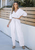 White Women's 2 Pieces Outfits Faux Wrap Crop Top Elastic High Waisted Wide Leg Pants