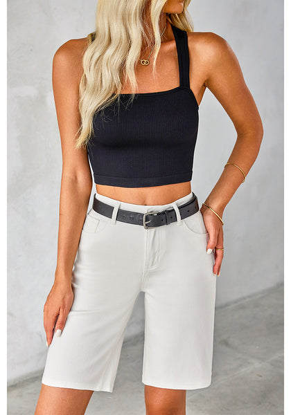 Cream White Relaxed Fit High Waisted Denim Bermuda Shorts Straight Leg Jeans