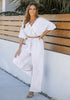 White Women's 2 Pieces Outfits Faux Wrap Crop Top Elastic High Waisted Wide Leg Pants