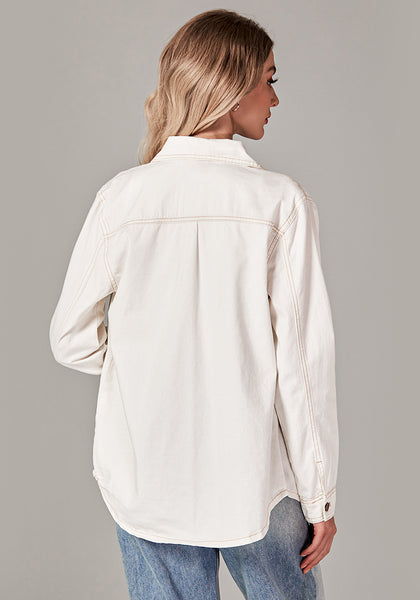 Ivory White Denim Jackets for Women Trendy Long Sleeve Button Down Shirt Jacket  with Pocket