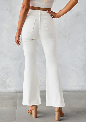 Cream White Women's Full Length High Waist Regular Fit Flare Jeans Slight Stretch