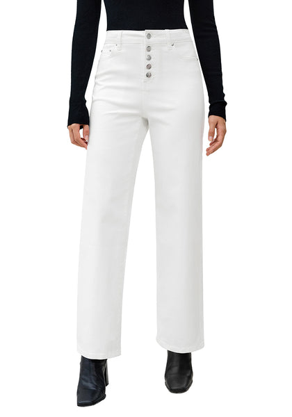 Cream White Trendy Wide Leg Jeans for women Chic High Waisted Stretchy Button Front Denim Pants