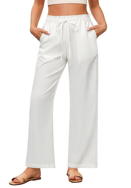 Cream White Women's Comfortable Cool-Touch Drawstring Full-Length Lightweight Wide Leg Trousers