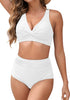 Women's High Waist 2 Piece Bikini Set with Ruched Twist Front and V-Neck Detail