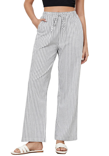 White Black Stripe Women's Drawstring Full Length High Waist Long Pants Wide Leg Striped Trousers
