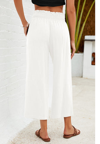 Cream White Women's High Waisted Wide Leg Elastic Waist Linen Palazzo Pants Pull On Smock Waist Baggy Fit Trousers