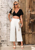 Cream White Women's High Waisted Wide Leg Elastic Waist Linen Palazzo Pants Pull On Smock Waist Baggy Fit Trousers