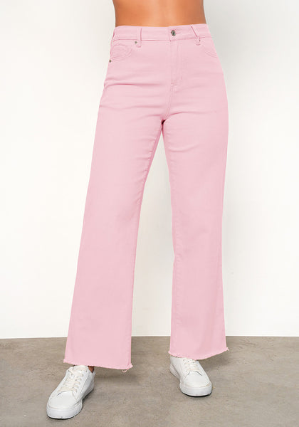 Candy Pink Women's Straight Leg Pull On Denim Pant High Waisted Stretch