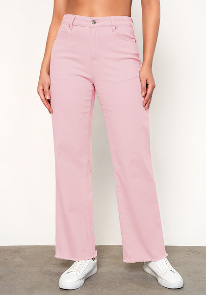 Candy Pink Women's Straight Leg Pull On Denim Pant High Waisted Stretch