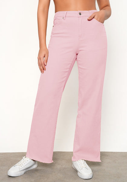 Candy Pink Women's Straight Leg Pull On Denim Pant High Waisted Stretch