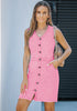Aurora Pink Women Sleeveless V Neck Button Down Frayed Hem Short Denim Dress