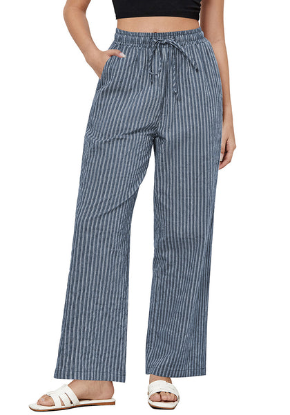 Blue Stripe Women's Drawstring Full Length High Waist Long Pants Wide Leg Striped Trousers