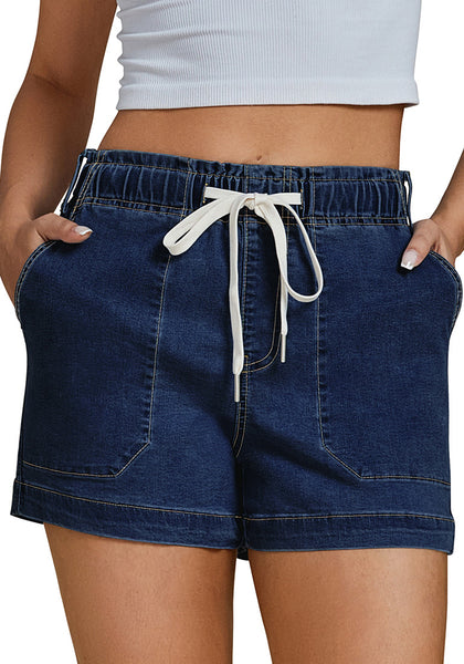 Darkness Blue Women's Comfy Denim Drawstring Flat Front Jean Pocket Shorts Stretch Utility Styles