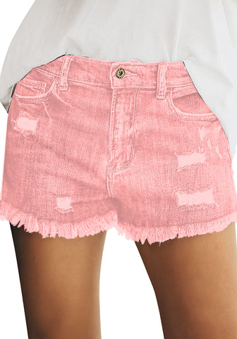 Gossamer Pink Women Summer High Waisted Sewn Cuffed Hem Buttons Denim Jean Shorts