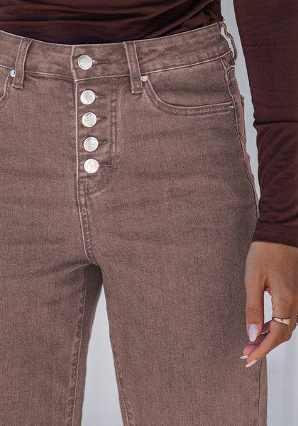 Pecan Brown Trendy Wide Leg Jeans for women Chic High Waisted Stretchy Button Front Denim Pants