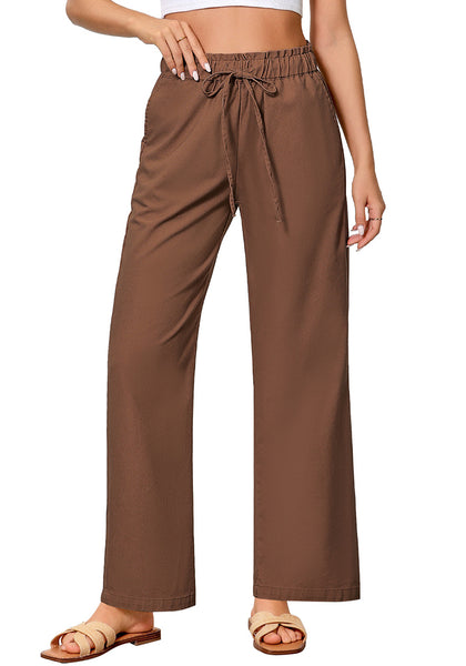 Brown Women's Comfortable Cool-Touch Drawstring Full-Length Lightweight Wide Leg Trousers
