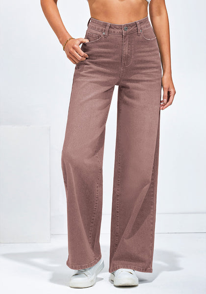 Pecan Brown Women's High Waisted Denim Jeans Wide Leg Baggy Denim Pants