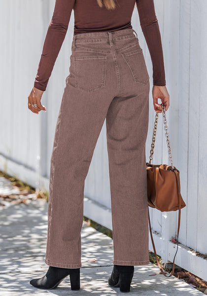 Pecan Brown Trendy Wide Leg Jeans for women Chic High Waisted Stretchy Button Front Denim Pants