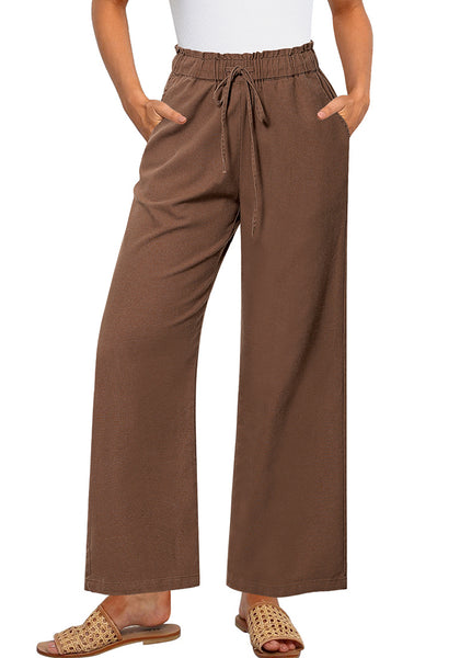 Brown Women's Comfortable Cool-Touch Drawstring Full-Length Lightweight Wide Leg Trousers