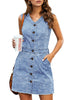 Bay Blue Women Sleeveless V Neck Button Down Frayed Hem Short Denim Dress