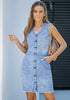 Bay Blue Women Sleeveless V Neck Button Down Frayed Hem Short Denim Dress