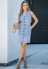 Bay Blue Women Sleeveless V Neck Button Down Frayed Hem Short Denim Dress