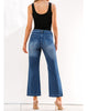 2024 Dark Blue Women's Casual Flare High Waisted Jeans Wide Leg Relaxed Fit Stretch Ruched Denim Pants Trouser