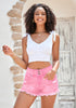Hot Pink Women's Mid Rise Frayed Ripped Raw Hem Denim Jean Shorts