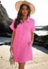 Hot Pink Women's Beach Cover Up Dress Button Down Shirt Ruffle Sleeves Dresses Casual Summer With Pockets