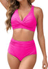 Neon Pink Women's High Waist 2 Piece Bikini Set with Ruched Twist Front and V-Neck Detail