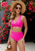Neon Pink Women's High Waist 2 Piece Bikini Set with Ruched Twist Front and V-Neck Detail