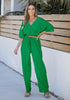 Kelly Green Women's 2 Pieces Outfits Faux Wrap Crop Top Elastic High Waisted Wide Leg Pants