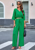 Kelly Green Women's 2 Pieces Outfits Faux Wrap Crop Top Elastic High Waisted Wide Leg Pants