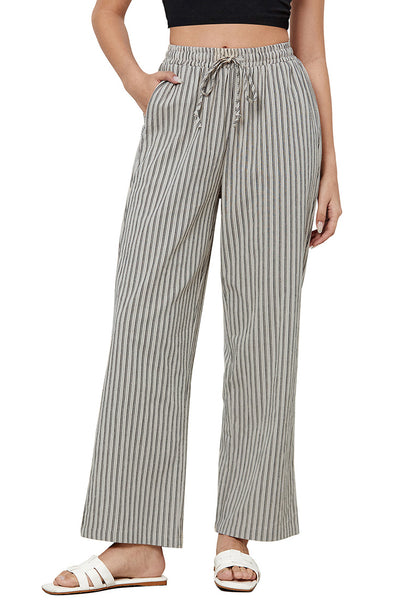 Khaki Black Stripe Women's Drawstring Full Length High Waist Long Pants Wide Leg Striped Trousers