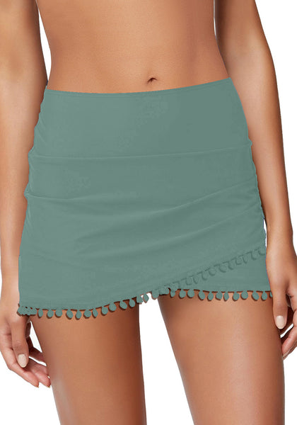 Sage Green Tulip Hem Tassels Mid-Waist Ruched Swim Skirt