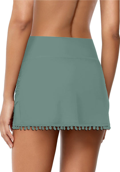 Sage Green Tulip Hem Tassels Mid-Waist Ruched Swim Skirt