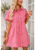 Raspberry Women's Short Sleeve Button Down Flowy Tiered Babydoll Denim Dress