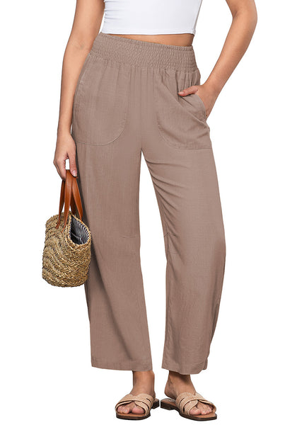 LookbookStore Mocha Brown Women's Casual High Waisted Lightweight Lounge Barrel Cropped Pants Soft Smocked Comfort Wear