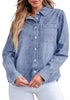 Bay Blue Denim Shirt For Women Button Front Blouse Broken-in  Business Casual Lightweight Long Shirt Sleeve