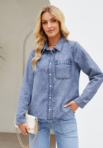Bay Blue Denim Shirt For Women Button Front Blouse Broken-in  Business Casual Lightweight Long Shirt Sleeve