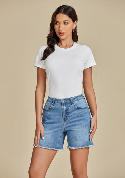 Lakeside Blue for Women's High Waist Denim Pull On Shorts Relaxed Fit Straight Mega Stretch