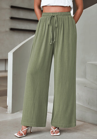 Army Green Relaxed Fit High Waisted Elastic Waist Wide Leg Drawstring Pocket Pant