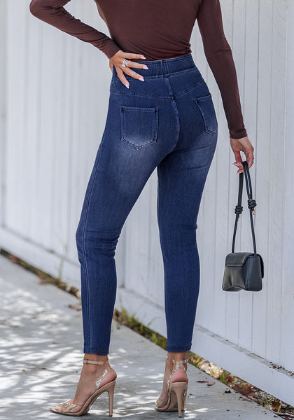 Reef Blue Washed Women's Stretch Slim Jeans High Waist Versatile Fashion Jeans Trousers Jeans